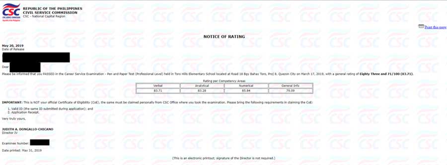 Generated Notice of Rating